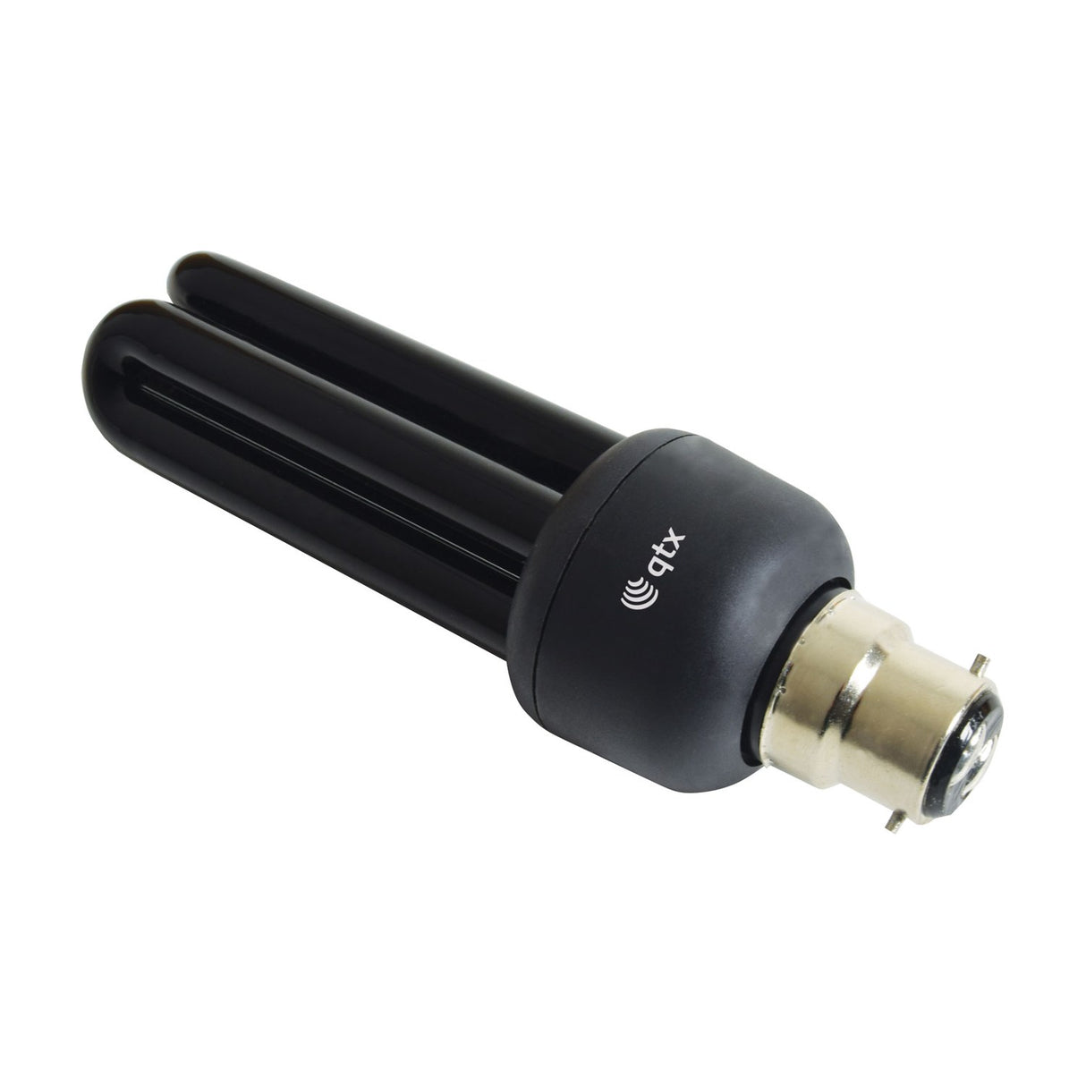 QTX UV black light bulb with 20W twin-tube compact fluorescent design in black glass and B22 bayonet fitting, shown on a plain white background.