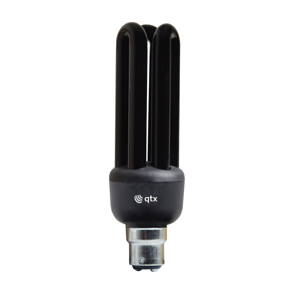 QTX UV black light bulb with 20W twin-tube compact fluorescent design in black finish and B22 bayonet fitting, shown on a plain white background.