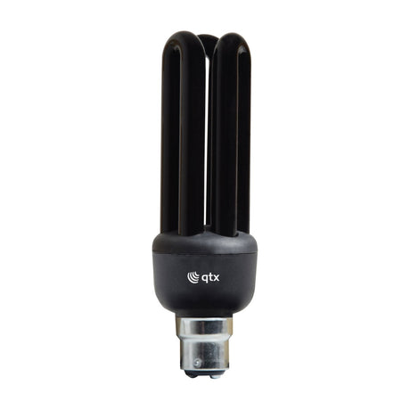 QTX UV black light bulb with 20W twin-tube compact fluorescent design in black finish and B22 bayonet fitting, shown on a plain white background.