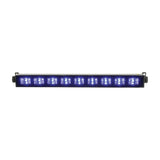 QTX UVB-9 UV LED bar with nine illuminated 3W ultraviolet LEDs in a black metal housing with end mounting brackets, shown on a plain white background.
