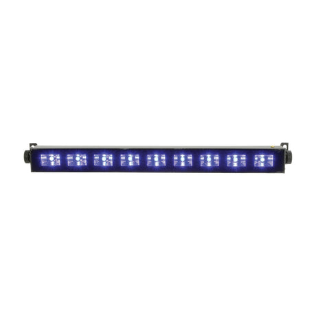 QTX UVB-9 UV LED bar with nine illuminated 3W ultraviolet LEDs in a black metal housing with end mounting brackets, shown on a plain white background.