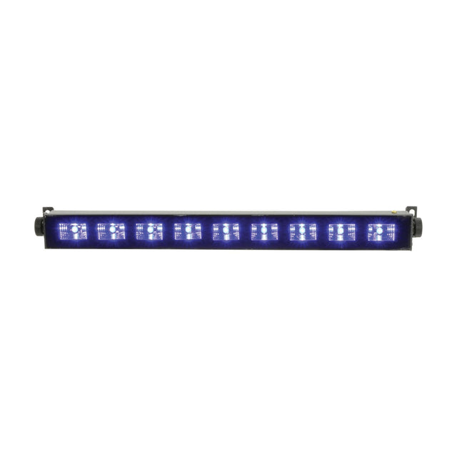 QTX UVB-9 UV LED bar with nine illuminated 3W ultraviolet LEDs in a black metal housing with end mounting brackets, shown on a plain white background.