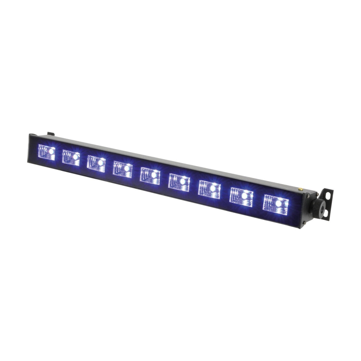 QTX UVB-9 UV LED bar by AVSL with nine violet-blue LEDs in a black metal housing and end mounting bracket, shown on a white background.