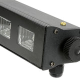Close-up of the QTX UVB-9 UV LED Bar by AVSL, showing the matte black metal housing end with mounting knob, cable gland, and two LED lens windows.