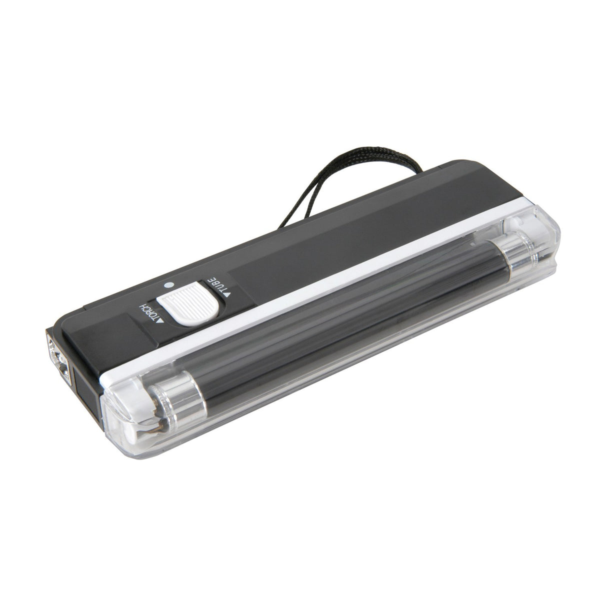QTX BL135 mini black light UV torch lamp with matt black casing, sliding torch/tube switch, exposed UV tube, and hand strap on a white background.