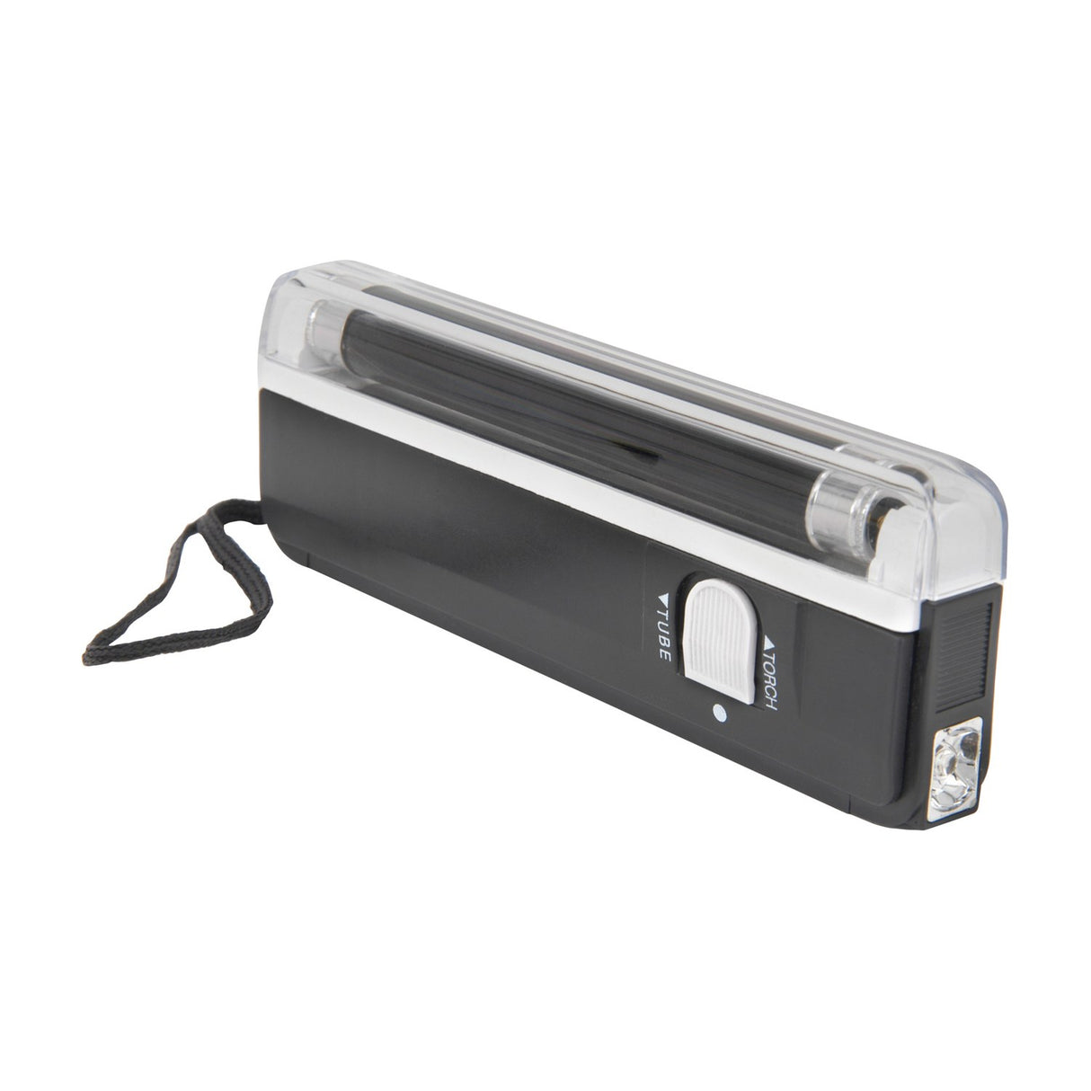 QTX BL135 Mini Black Light UV torch lamp by AVSL in matt black, with UV tube, white slide switch marked Tube and Torch, front LED and wrist strap.