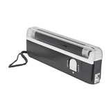 QTX BL135 Mini Black Light UV torch lamp by AVSL in matt black, with UV tube, white slide switch marked Tube and Torch, front LED and wrist strap.
