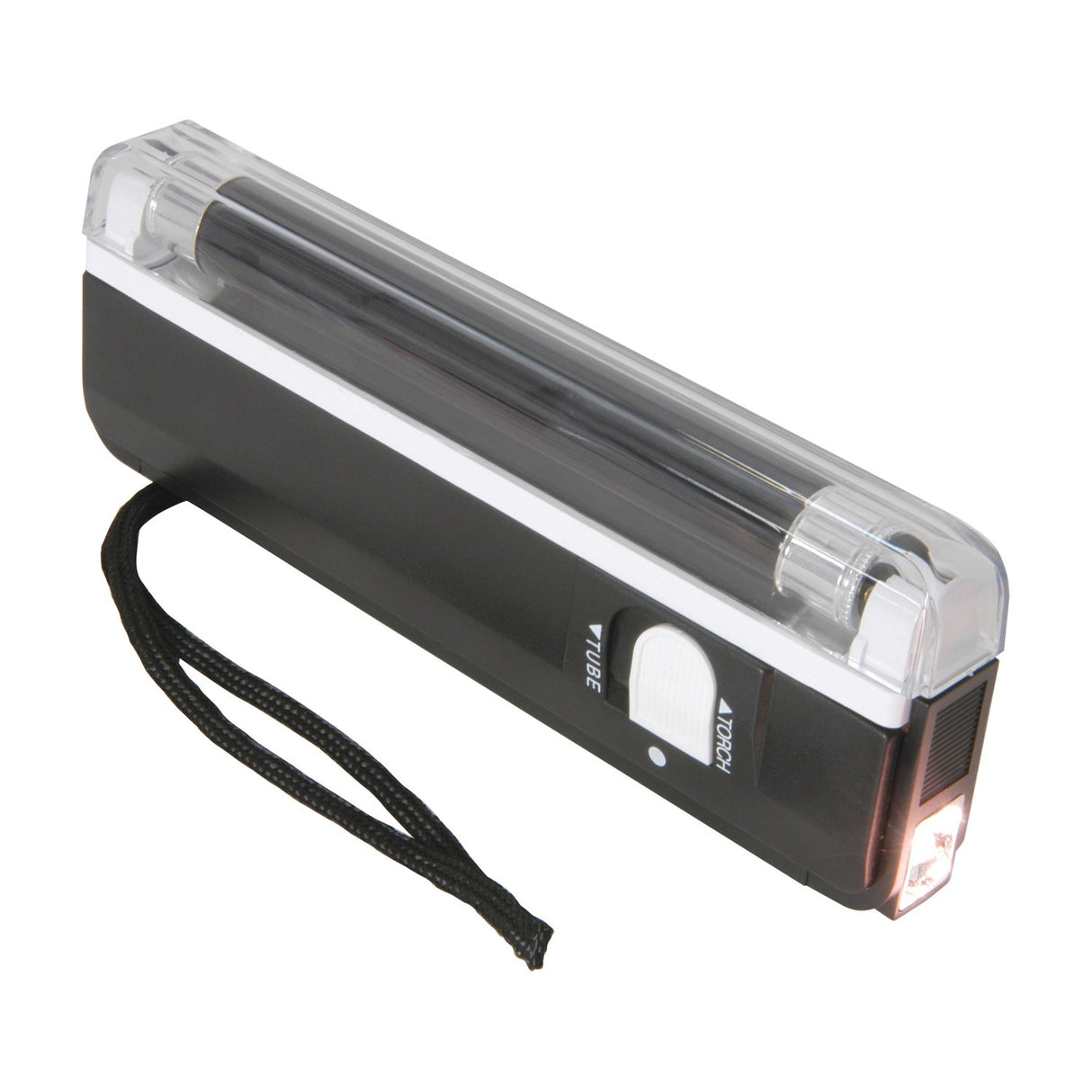 QTX BL135 mini black light UV torch lamp in matt black with clear tube cover, side slide switch, LED torch end and wrist strap, on a white background.