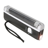 QTX BL135 mini black light UV torch lamp in matt black with clear tube cover, side slide switch, LED torch end and wrist strap, on a white background.