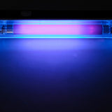 QTX BL135 Mini Black Light UV Torch Lamp by AVSL switched on, showing the illuminated 135mm purple UV tube glowing within a clear casing on matt black.