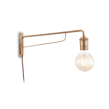 The Lustria Wall Light - Brass is a minimalist wall-mounted lamp featuring an exposed bulb and a sleek, adjustable brass arm with a sophisticated brass finish. Its simple and contemporary design adds a modern touch to any decor, while the elegant wall light includes a visible cord that hangs gracefully from the fixture.