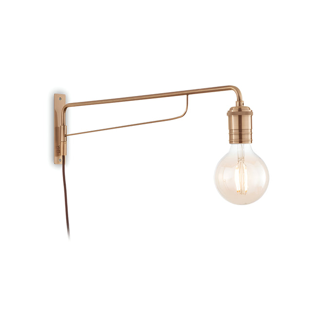 The Lustria Wall Light - Brass is a minimalist wall-mounted lamp featuring an exposed bulb and a sleek, adjustable brass arm with a sophisticated brass finish. Its simple and contemporary design adds a modern touch to any decor, while the elegant wall light includes a visible cord that hangs gracefully from the fixture.