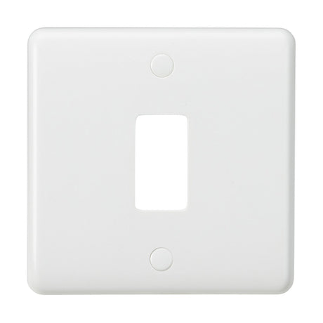 The 1 Gang Grid Faceplate is a white, single-gang blank wall plate made from thermoset resin for durability. It is designed to cover unused light switch openings and features a rectangular cutout in the center with two screw holes for mounting. This faceplate also offers anti-microbial properties for enhanced hygiene.