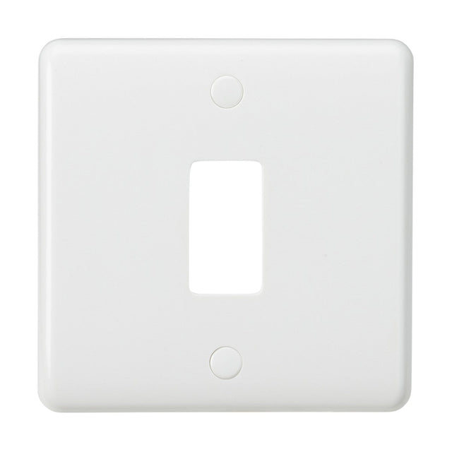 The 1 Gang Grid Faceplate is a white, single-gang blank wall plate made from thermoset resin for durability. It is designed to cover unused light switch openings and features a rectangular cutout in the center with two screw holes for mounting. This faceplate also offers anti-microbial properties for enhanced hygiene.