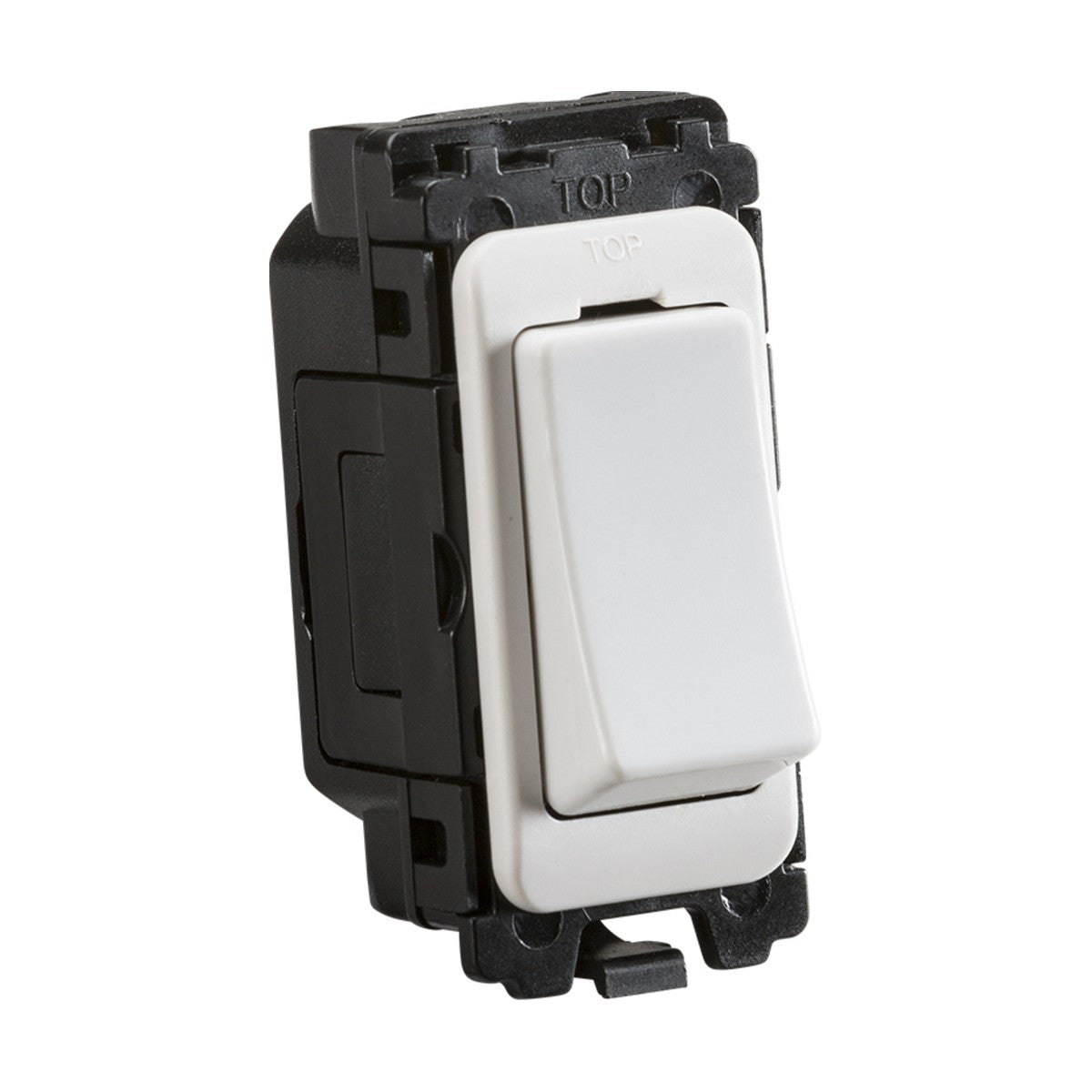 Close-up of the 20AX 2-Way SP Switch Module, crafted from thermoset resin with a sleek white finish and complemented by a black mounting frame with a curved edge. The upper edge is labeled TOP, making it perfect for seamless electrical installations.