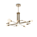 The Lustria 8 Light Pendant - Brass is a contemporary ceiling light fixture featuring an aged brass finish and an abstract design. It utilizes E27 bulbs on extended arms that radiate from a central hub, blending artistic minimalism with practicality.
