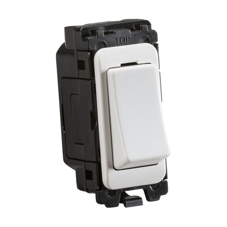 The 20AX DP Switch Module - White is a front-view, white plastic light switch with a black mounting frame. TOP is printed for proper orientation, and its made of durable thermoset resin, offering both functionality and a sleek design.