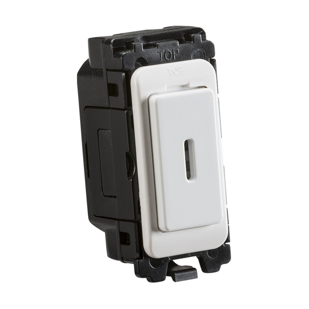 A 20AX 2-Way SP Key Switch Module with a white rectangular rocker and a black housing featuring anti-microbial properties. The switch is designed for easy on and off operation, suitable for wall installation, with the word TOP engraved at the top.