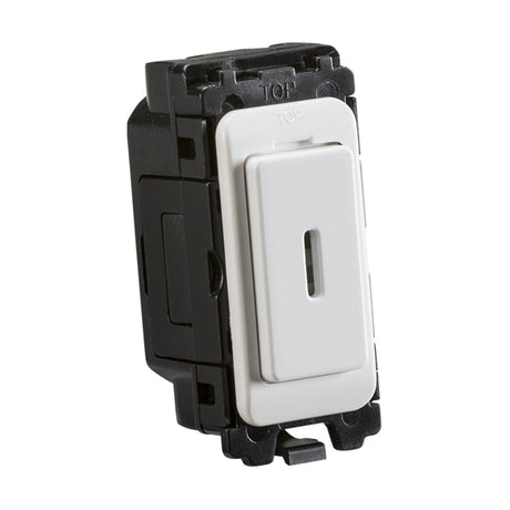 A 20AX DP Key Switch Module - White mounts on a sleek black housing with a curved edge, featuring TOP for orientation. It offers a modern finish suitable for home electrical installations and is crafted from durable thermoset resin.