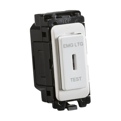 The 20AX 2-Way SP Key Switch Module, marked EMG LTG and TEST, features a white rectangular design with a central slot. It includes a black mounting bracket labeled TOP, exemplifying both functionality and sleek engineering.