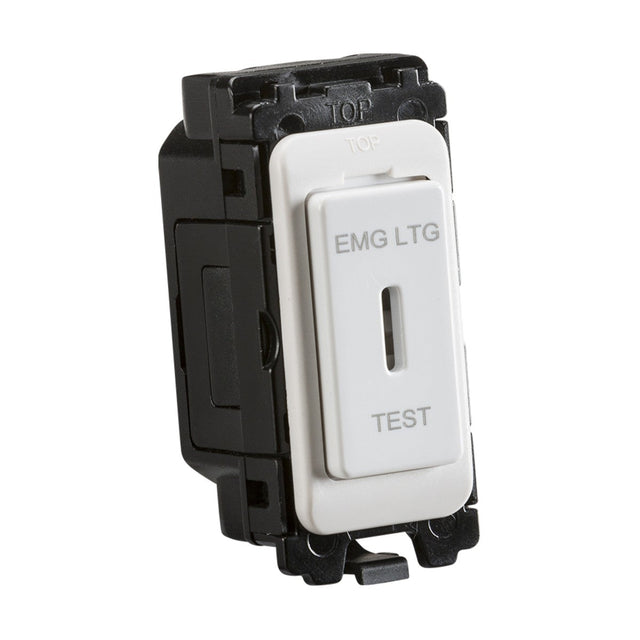 The 20AX 2-Way SP Key Switch Module, marked EMG LTG and TEST, features a white rectangular design with a central slot. It includes a black mounting bracket labeled TOP, exemplifying both functionality and sleek engineering.
