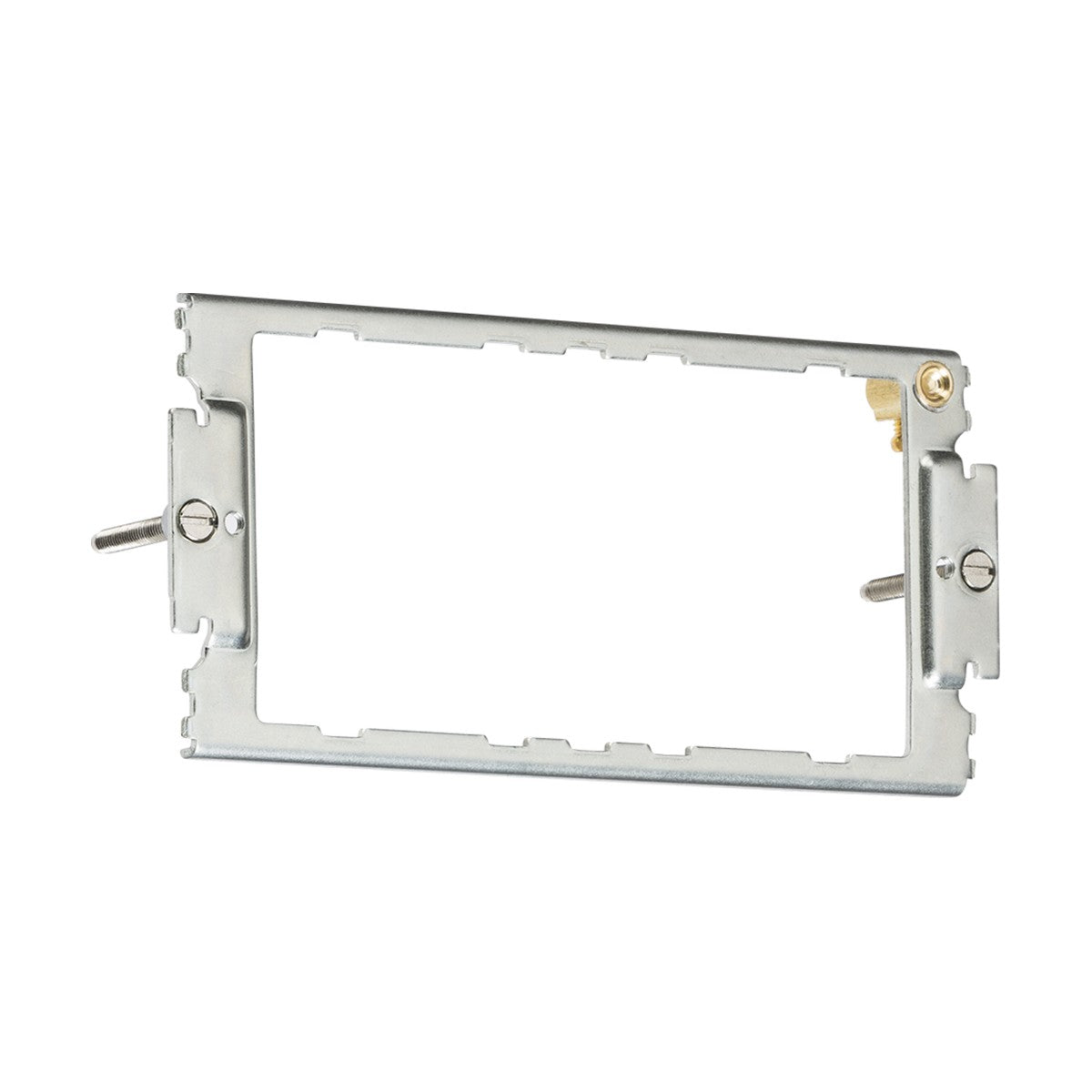 The 3-4 Gang Mounting Frame is a Knightsbridge rectangular metal bracket featuring a hollow center and small screws on either side, expertly designed for securing components.