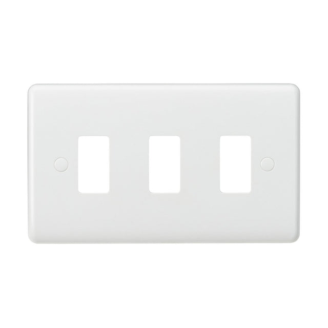 The 3 Gang Grid Faceplate is a white triple rocker switch plate with a curved edge design and three rectangular openings. Made from thermoset resin, it offers a simple and minimalistic look, perfect for covering three light switches.