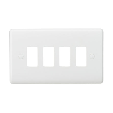 Presenting the 4 Gang Grid Faceplate by Knightsbridge, a sleek white wall plate with four rectangular openings for light switches. This modern design piece is crafted from durable thermoset resin, featuring a smooth surface and equipped with two small screw holes for easy mounting.