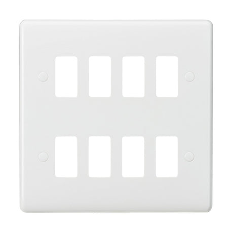 The 8 Gang Grid Faceplate is a white, rectangular cover designed for six switches and features a curved edge grid with rounded corners. Crafted from smooth thermoset resin, it ensures durability and anti-microbial properties for improved cleanliness.