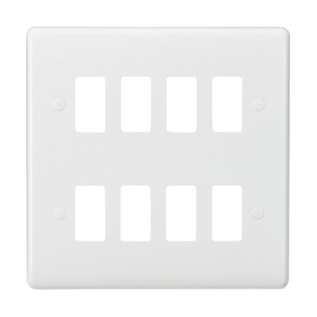 The 8 Gang Grid Faceplate is a white, rectangular cover designed for six switches and features a curved edge grid with rounded corners. Crafted from smooth thermoset resin, it ensures durability and anti-microbial properties for improved cleanliness.