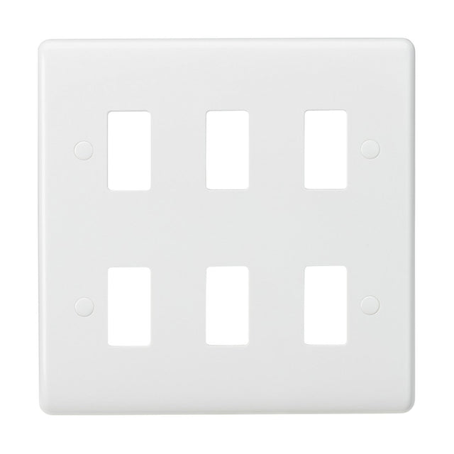The 6 Gang Grid Faceplate is a white square wall plate made from durable thermoset resin. It features six rectangular openings for switches or outlets, showcasing smooth edges and a glossy finish. The design includes curved edge grids that elegantly complement its anti-microbial properties for improved hygiene.