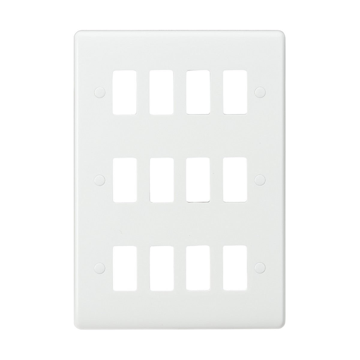 The 12 Gang Grid Faceplate is a white, rectangular switch plate cover made from thermoset resin, designed to hold eight switches arranged in two vertical columns. It has four screw holes for convenient installation and features a smooth, unadorned surface that harmonizes with its subtle curved edge grid design. This product is rated IP20 for enhanced safety.