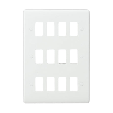 The 12 Gang Grid Faceplate is a white, rectangular switch plate cover made from thermoset resin, designed to hold eight switches arranged in two vertical columns. It has four screw holes for convenient installation and features a smooth, unadorned surface that harmonizes with its subtle curved edge grid design. This product is rated IP20 for enhanced safety.