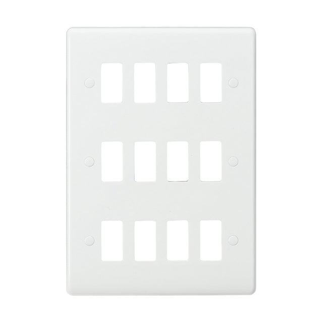 The 12 Gang Grid Faceplate is a white, rectangular switch plate cover made from thermoset resin, designed to hold eight switches arranged in two vertical columns. It has four screw holes for convenient installation and features a smooth, unadorned surface that harmonizes with its subtle curved edge grid design. This product is rated IP20 for enhanced safety.
