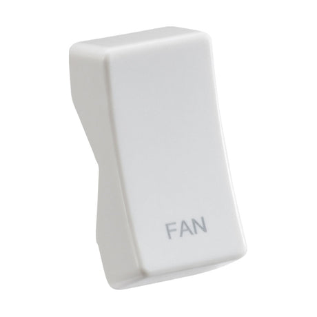 The Rocker Cover - Laser Printed FAN, a sleek white rectangular light switch, showcases laser-printed lettering. Its design complements the plain white background by seamlessly blending functionality with style.