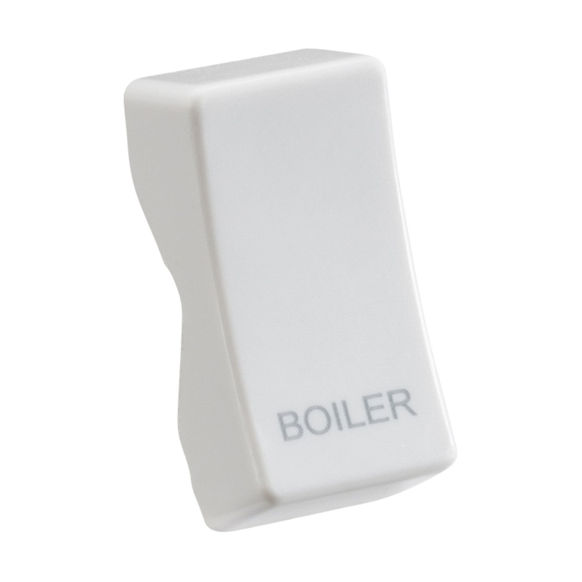 A Rocker Cover - Laser Printed BOILER, in white with a curved edge design, is displayed in the off position. Made from durable thermoset resin, the switch is seen from a slightly angled perspective against a plain background.