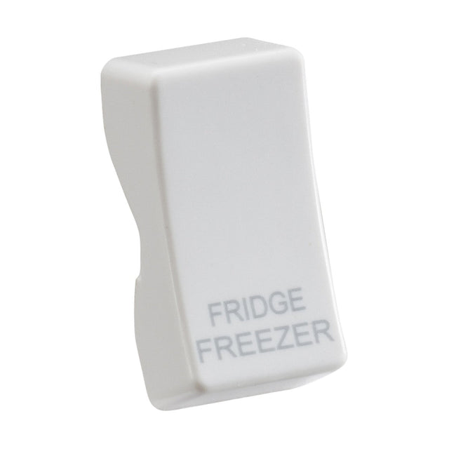 A plain white background showcases a Rocker Cover with a Curved Edge, featuring the laser-printed label "FRIDGE FREEZER.