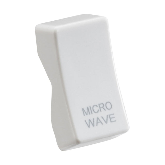 A sleek white curved light switch cover labeled with "MICROWAVE" in gray text, designed to fit seamlessly over standard rocker switches. The Rocker Cover - Laser Printed MICROWAVE adds a modern touch to any space.