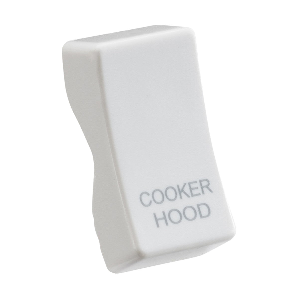 Introducing the Rocker Cover - Laser Printed COOKER HOOD, a white switch with a rectangular design and gently curved edges. This switch is part of our Curved Edge Switches collection, seamlessly blending functionality and modern aesthetics for your kitchen.