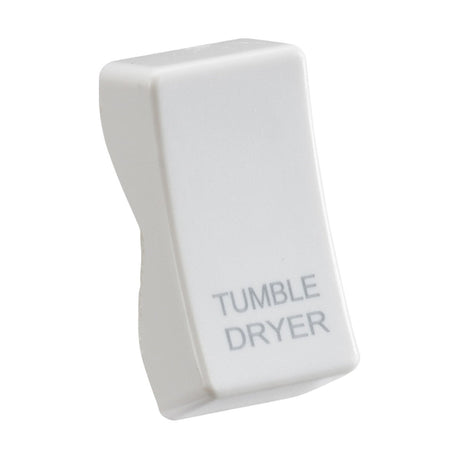 A white rocker cover labeled TUMBLE DRYER, made from durable thermoset resin, features a sleek, slightly curved design.