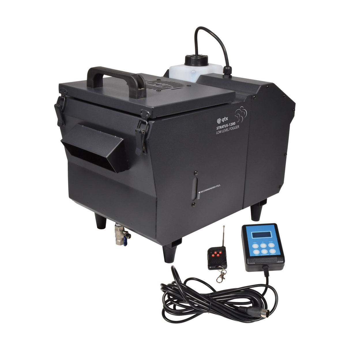 QTX Stratus 1200 low level fog machine in matte black with side output nozzle, fluid bottle, drain tap, wired DMX control panel and wireless remote.