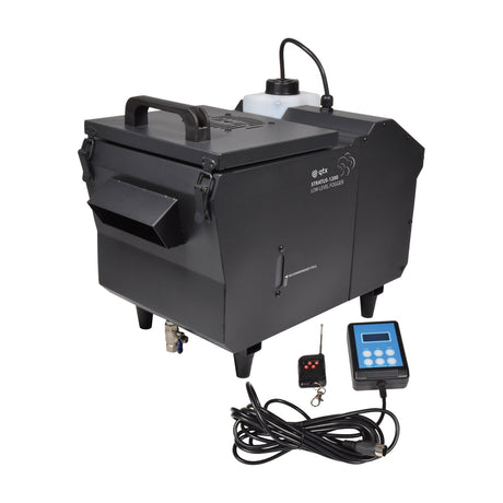 QTX Stratus 1200 low level fog machine in matte black with side output nozzle, fluid bottle, drain tap, wired DMX control panel and wireless remote.