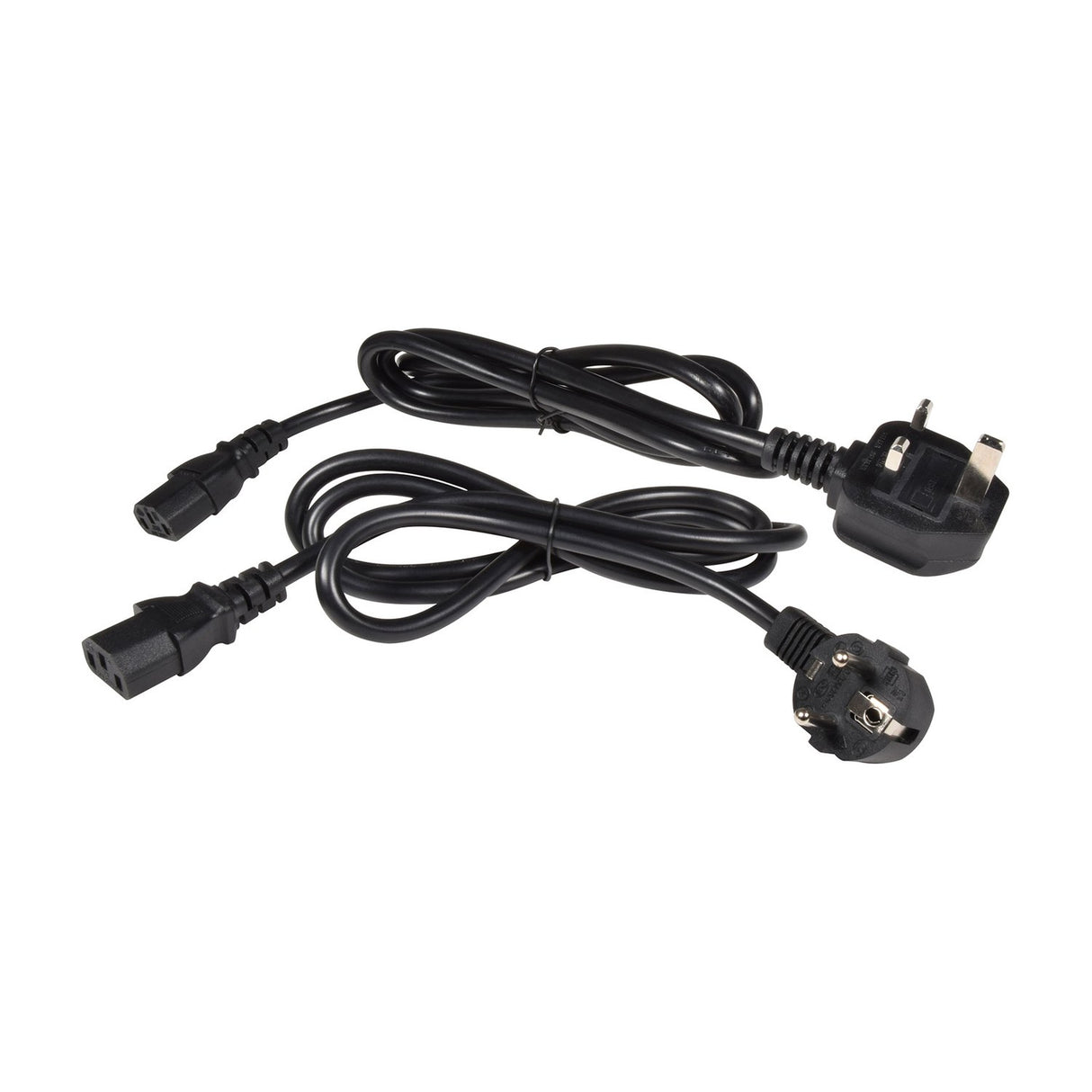 Two black IEC power cables coiled with UK three-pin and European Schuko plugs, supplied with the QTX Stratus 1200 fog machine, on a white background.