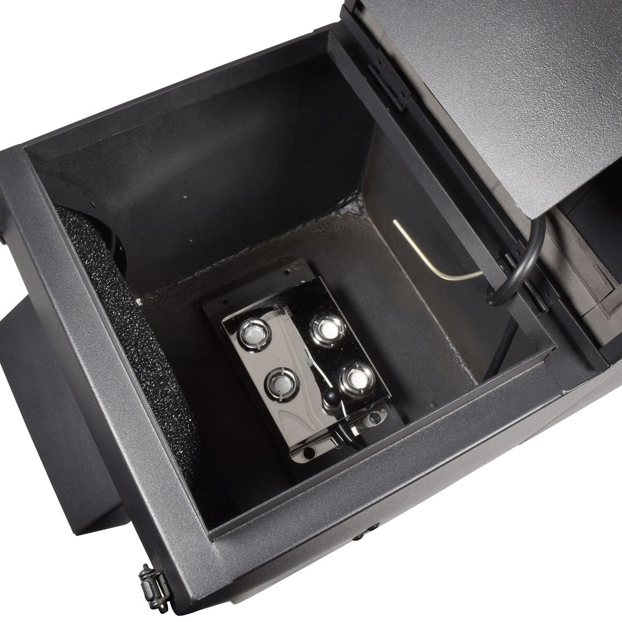 QTX Stratus 1200 low level fog machine with lid open, showing internal cooling chamber, foam lining and stainless steel fluid reservoir fittings.