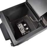 QTX Stratus 1200 low level fog machine with lid open, showing internal cooling chamber, foam lining and stainless steel fluid reservoir fittings.