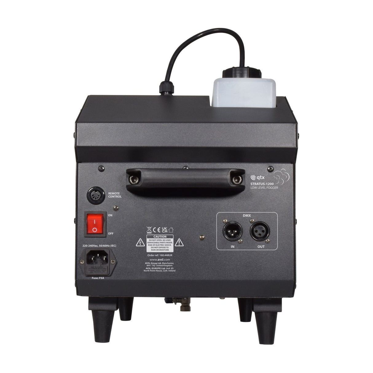 Rear view of the AVSL QTX Stratus 1200 low level fog machine showing power switch, IEC inlet, DMX in and out ports, remote control socket and fluid tank.