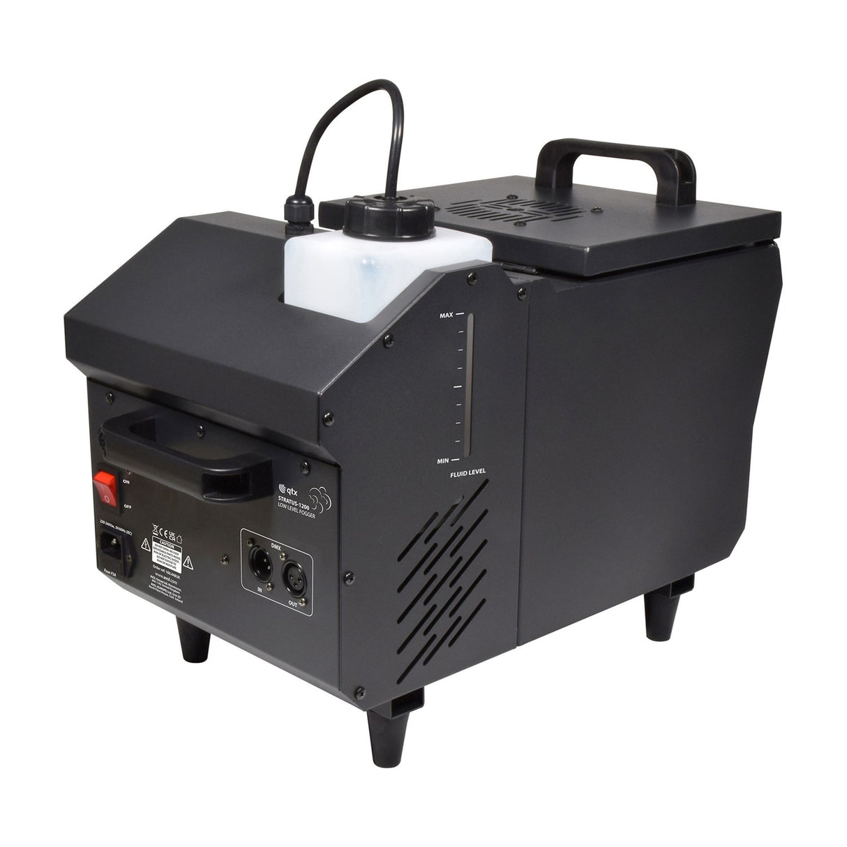 QTX Stratus 1200 low level fog machine with black casing, fluid level gauge, removable fog fluid tank, power switch and DMX in/out ports.