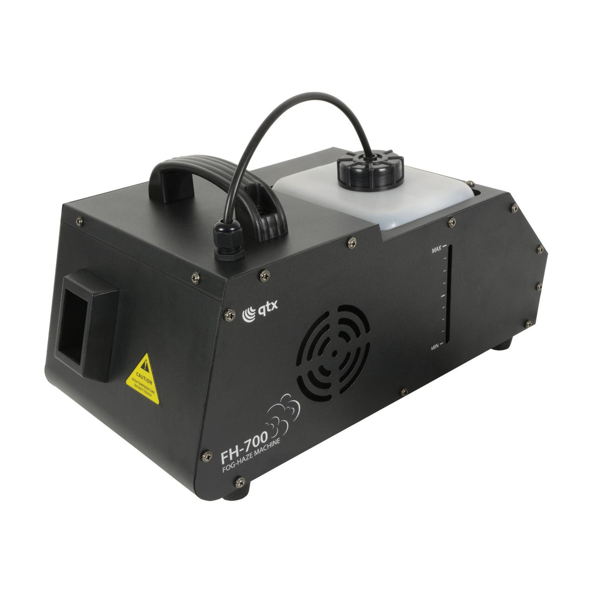 QTX FH-700 700W fog and haze machine in black metal housing with side nozzle, fan grille, translucent fluid tank and level gauge.