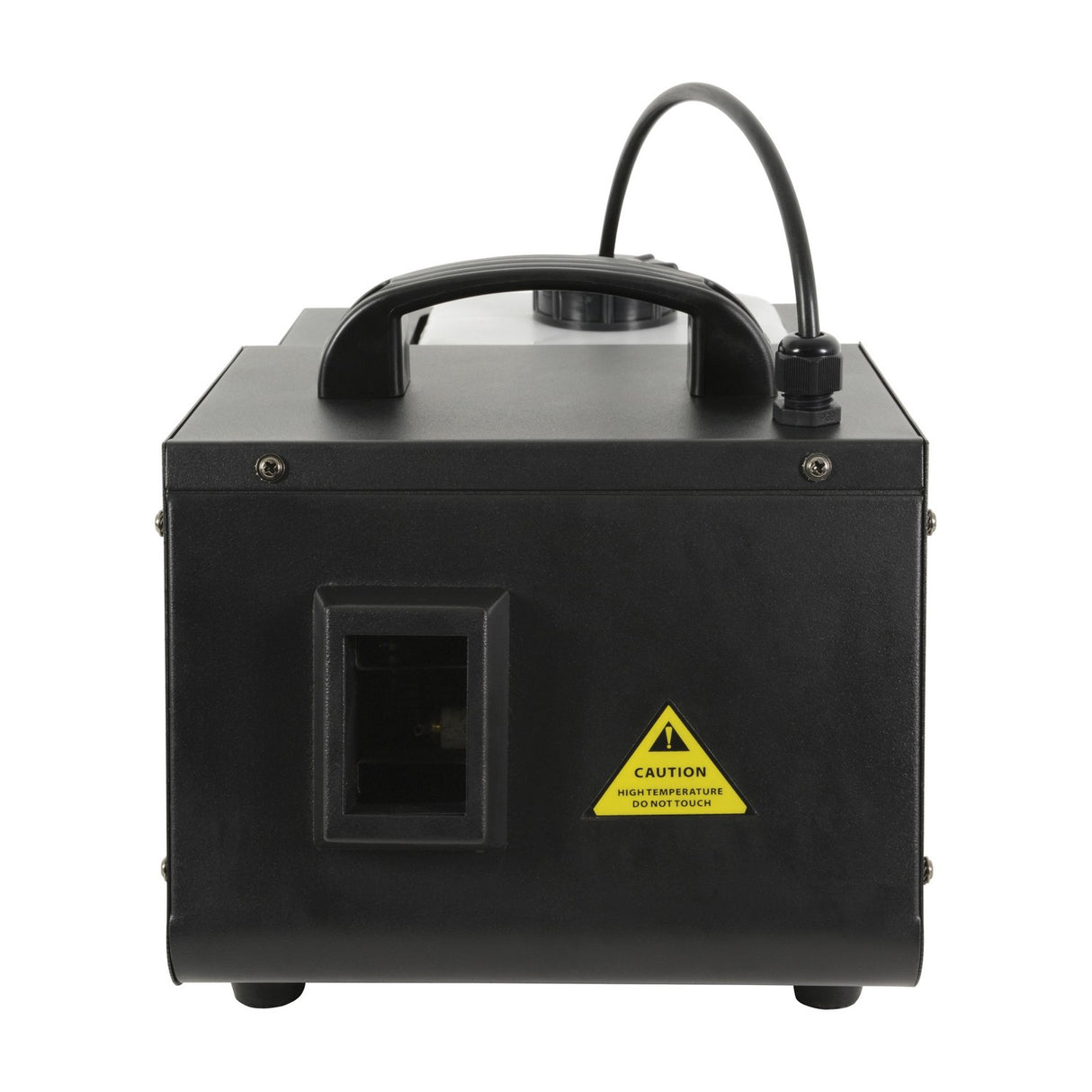 Side view of the QTX FH-700 700W fog and haze machine by AVSL in matte black metal housing with nozzle outlet and yellow high-temperature caution label.