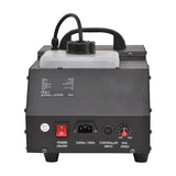 Rear view of the QTX FH-700 700W fog and haze machine showing power switch, IEC inlet, controller input, fan speed dial and translucent fluid tank.